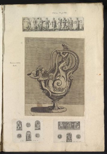 Album page with four prints featuring foxgloves with Bible stories, a jug, and the Muses