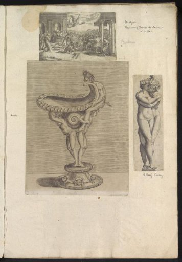 Album leaf with three prints featuring two lovers, a scale, and the martyrdom of Felicitas of Rome