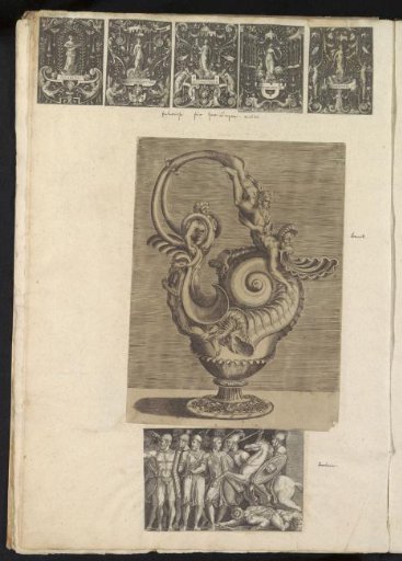 Album leaf with seven prints featuring personifications of the Liberal Arts, an urn, and Roman soldiers