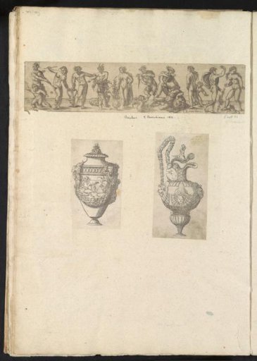 Album leaf with three prints: an urn, a jug, and a frieze with satyrs and bacchantes