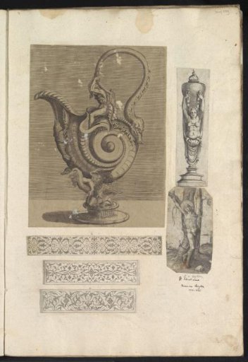 Album leaf with six prints: a jug, a vase, Saint Sebastian, and ornamental borders