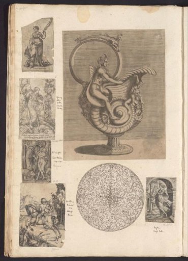 Album leaf with seven prints: Adam and Eve, saints, ornament, and a jug