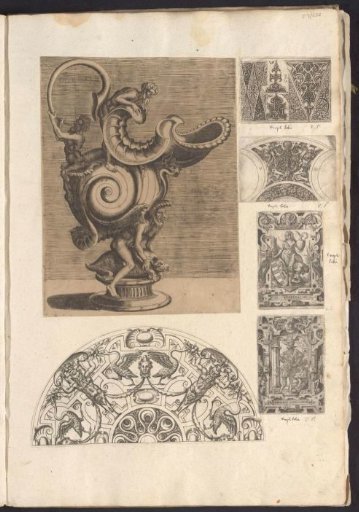 Album leaf with six prints: a jug, Alexander the Great, Saint Elizabeth of Hungary, and ornament