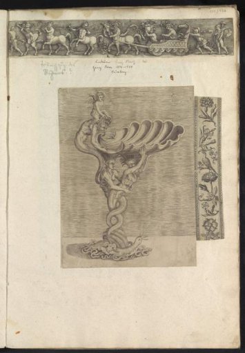 Album leaf with three prints: an ornamental bowl, a frieze with Bacchus and centaurs, and an ornamental border