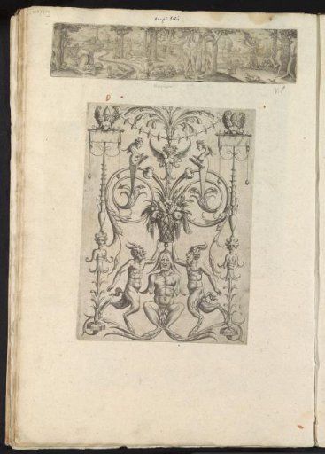 Album leaf with two prints of Adam and Eve in Paradise and an ornament with satyrs