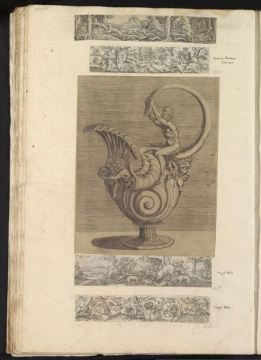 Album leaf with five prints featuring a jug, hunting scenes, and birds
