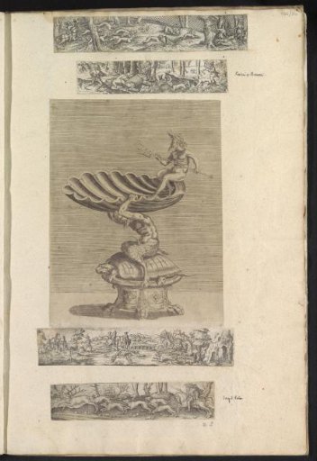 Album leaf with five prints featuring a scale and hunting scenes