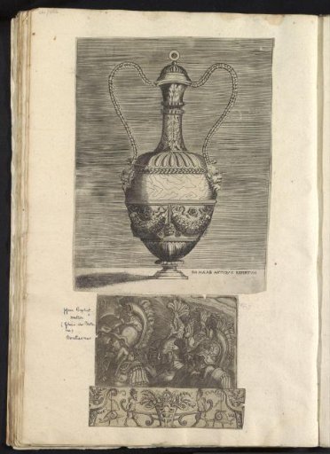 Album leaf with three prints featuring a vase, Roman soldiers, and satyrs
