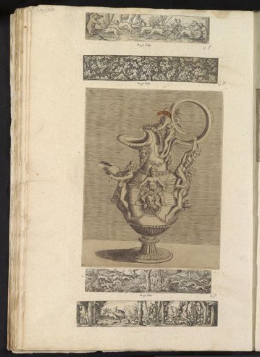 Album page with five prints of hunting scenes, animals, and a jug
