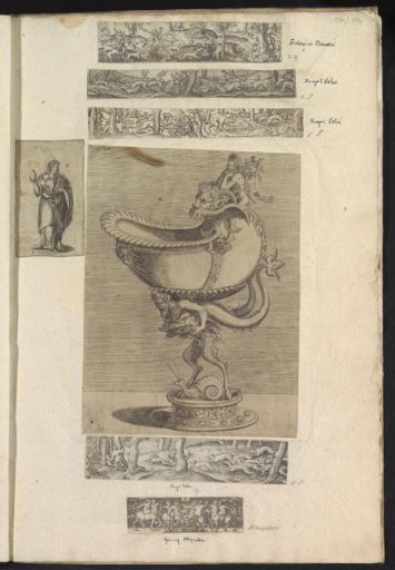 Album page with seven prints of hunting scenes, Saint Gertulda, centaurs, and a nautilus cup