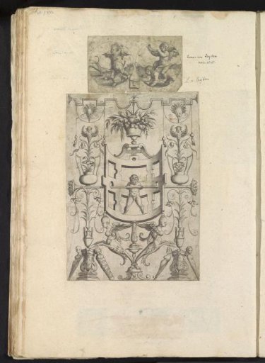 Album leaf with two prints of putti in circles and ornament
