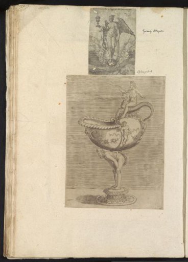 Album leaf with two prints of Fortuna and a nautilus cup