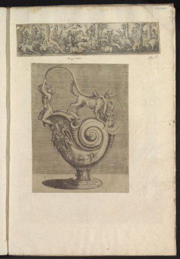Album leaf with two prints of Orpheus among the animals and an ornamental jug