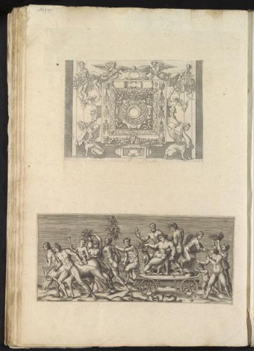 Album leaf with two prints of a cartouche and the Triumph of Bacchus