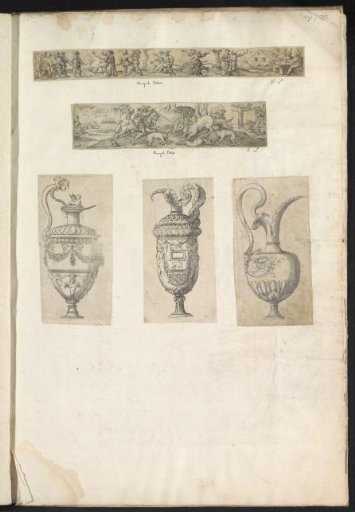 Album leaf with five prints of dancing peasants, a hunting scene, and three jugs