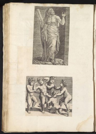 Album page with two prints of the apostle Andrew and playing putti