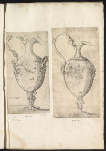 Album page with two prints of ornamental jugs