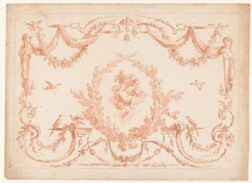 Putti with a flower basket and arabesques