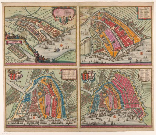 Four plans of Amsterdam from 1400 to 1612