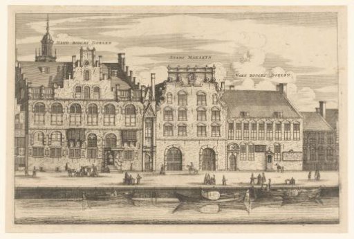 View of the Handboogdoelen, the City Magazine (Bushuis), and the Voetboogdoelen in Amsterdam