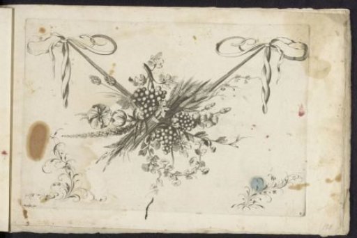 Festoon of flowers, grape cluster and ears of corn