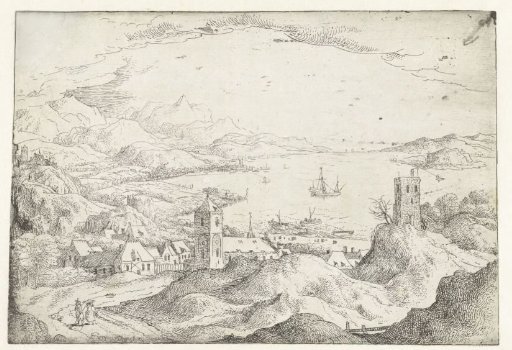 Landscape with wide river and village