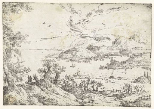 Landscape with wide river between hills