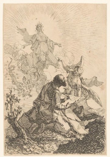 John receives a vision on Patmos in which the Virgin Mary defeats the seven-headed dragon