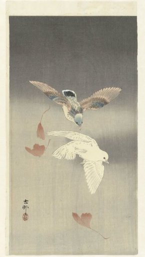 Two Doves with Falling Ginkgo Leaves