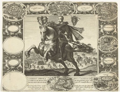 Ambrosius Spinola on horseback; battle of Ostend in the background