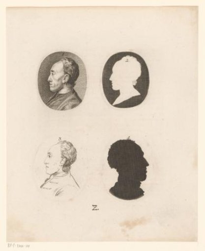 Four male heads, two in silhouette, in ovals