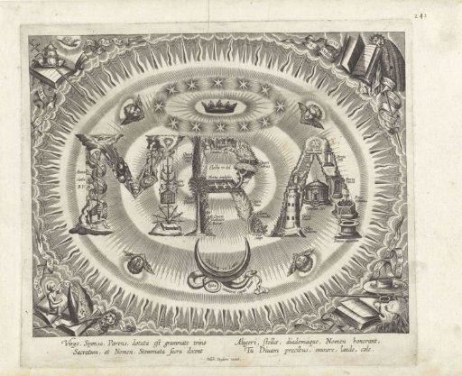 Ornament: Monogram of Mary: MRA, Composed of Marian Symbols