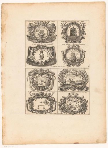 Emblems with clock, beehive, doves and scales