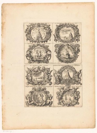 Emblems with rocks and burning hearts