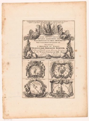 Cartouche and emblems with falcon and Minerva