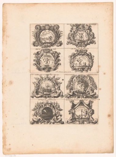 Emblems with Amor, church building and falling star