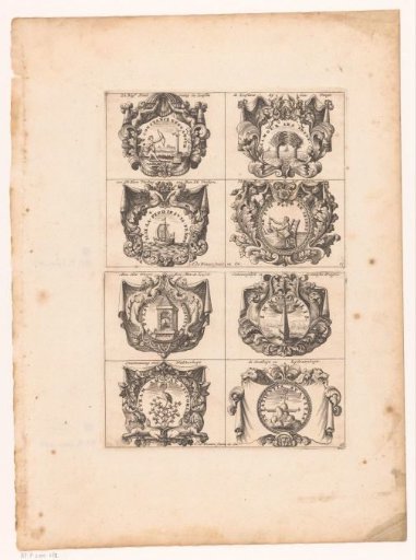Emblems with Amor, clock tower and obelisk