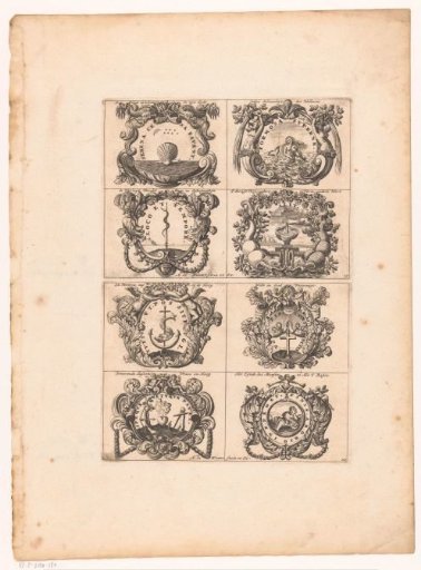 Emblems with a shell, mermaid, anchor and cross