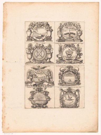 Emblems with sundial, vases and ships at sea