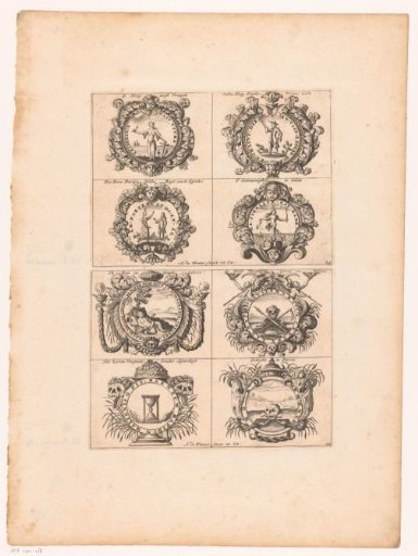 Emblems with standing figures and skulls