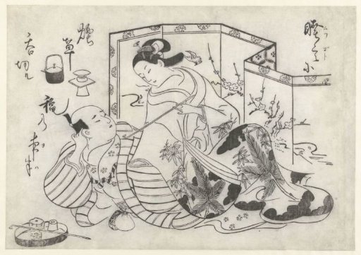 Japanese man and woman smoking in front of a room screen