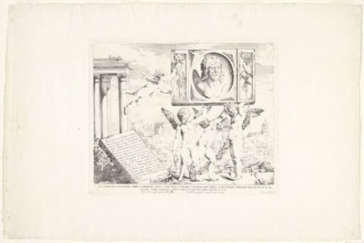 Title print with portrait of Andrea Mantegna and putti