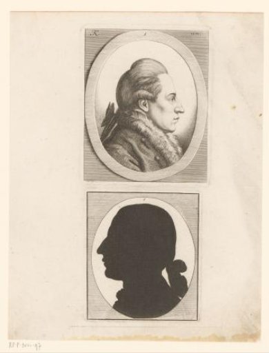 Two male heads, one of which is a silhouette portrait, in an oval frame