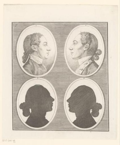 Four boys' heads, two of which are silhouette portraits, in ovals