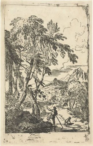 Mountainous Landscape with Trees and a Man with a Dog
