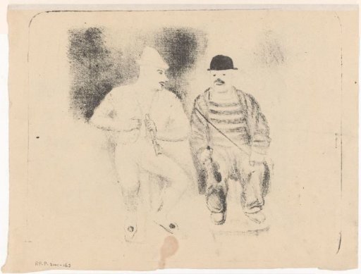 Pierrot with a flute and a clown with a miniature violin