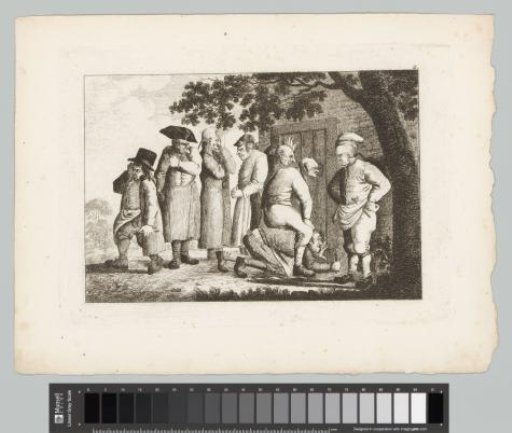 Group of Men Under a Tree, Some Peering Through a Door