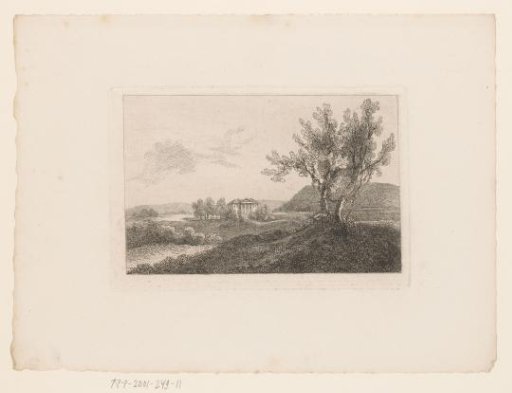 Landscape with a villa in the distance and a garden bench between two trees in the foreground