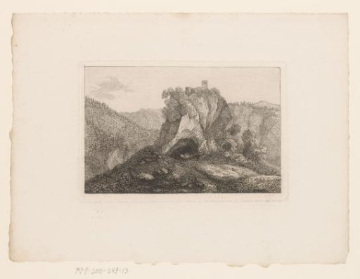 Mountain landscape with a ruin on the top of a rock