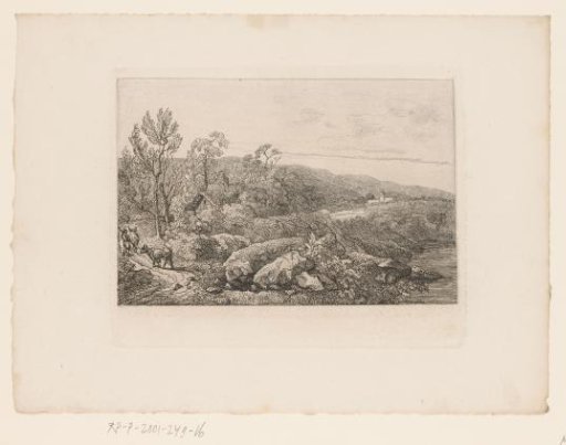 Hilly landscape with a farmer and two cows on a country road